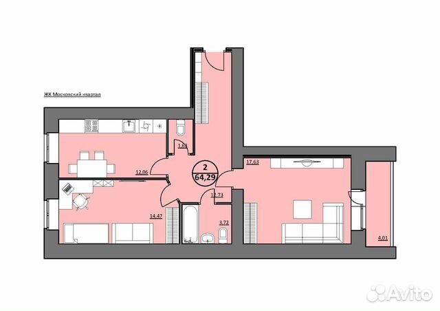 2-к квартира, 64.8 м², 12/12 эт. 2-к квартира, 64.8 м², 12/12 эт.