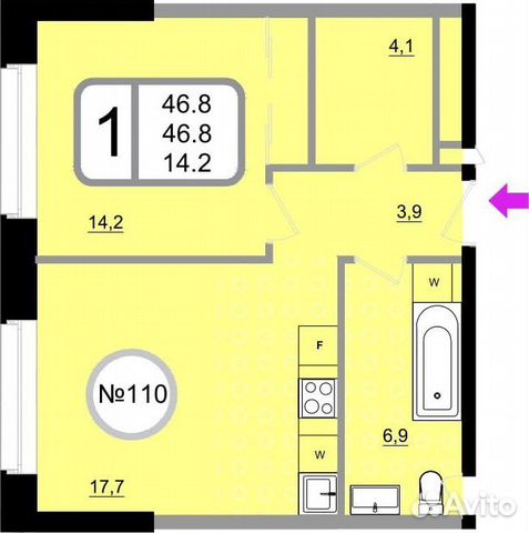1-к квартира, 46.8 м², 17/22 эт.