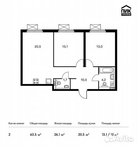 2-к квартира, 63.5 м², 27/33 эт.