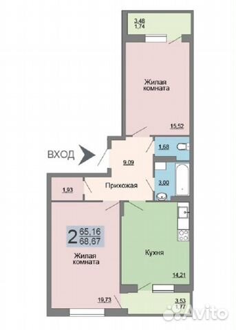 2-к квартира, 68.7 м², 4/9 эт.