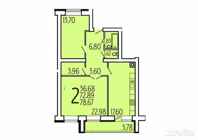 2-к квартира, 58.9 м², 6/10 эт.