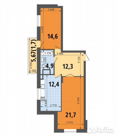 2-к квартира, 68.5 м², 2/19 эт.