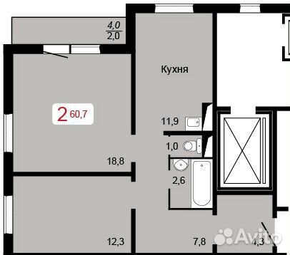 2-к квартира, 60.7 м², 16/17 эт.