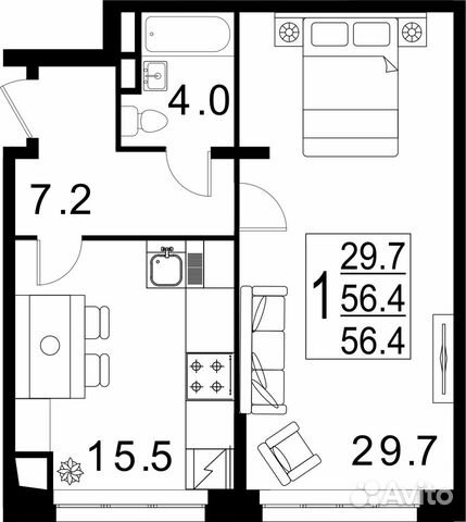 1-к квартира, 56.4 м², 1/3 эт.