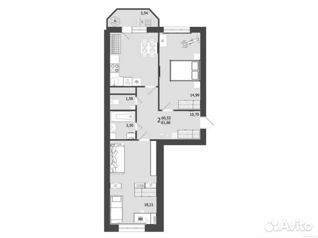 2-к квартира, 61.7 м², 8/9 эт. 2-к квартира, 61.7 м², 8/9 эт.