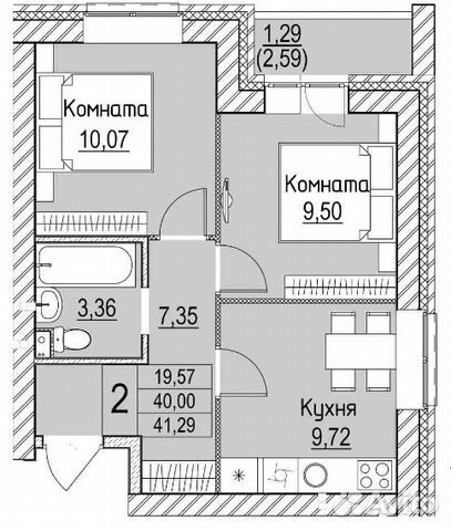 2-к квартира, 41.3 м², 3/5 эт.