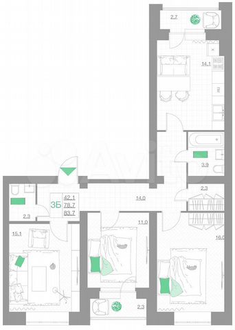 3-к. квартира, 83,7 м², 3/5 эт.