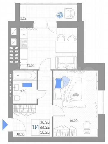 1-к. квартира, 50,3 м², 4/5 эт.