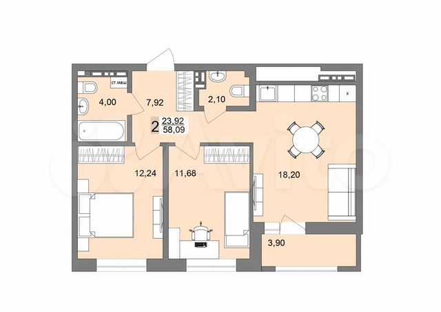 2-к. квартира, 58,1 м², 19/26 эт.