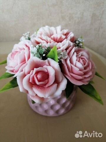 Букеты цветов из мыла в гипсовом кашпо