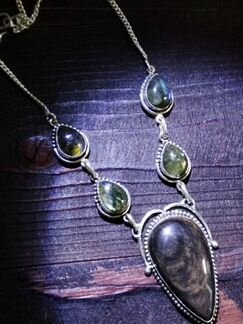 Обсидиан и Дендроопал (перстень и ожерелье)