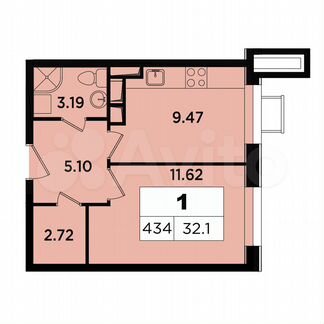 1-к апартаменты, 32.1 м², 15/18 эт.