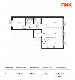 3-к квартира, 83.6 м², 3/16 эт.
