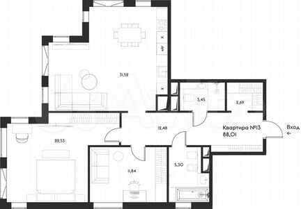 2-к квартира, 88 м², 6/17 эт.
