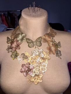 Серьги синии, колье Эльфы бабочки с цепями